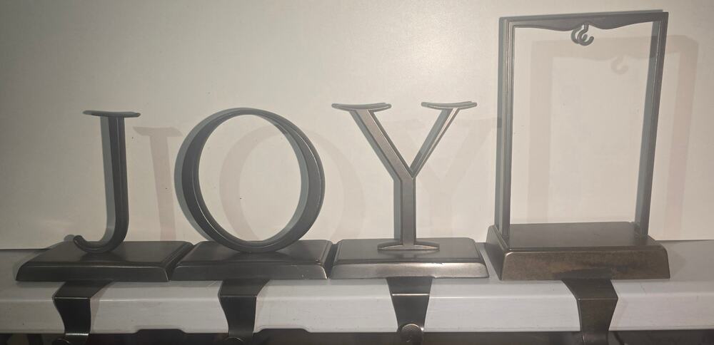 Pottery Barn JOY Stocking Holders 4 Piece Picture Frame Christmas Mantel Hooks